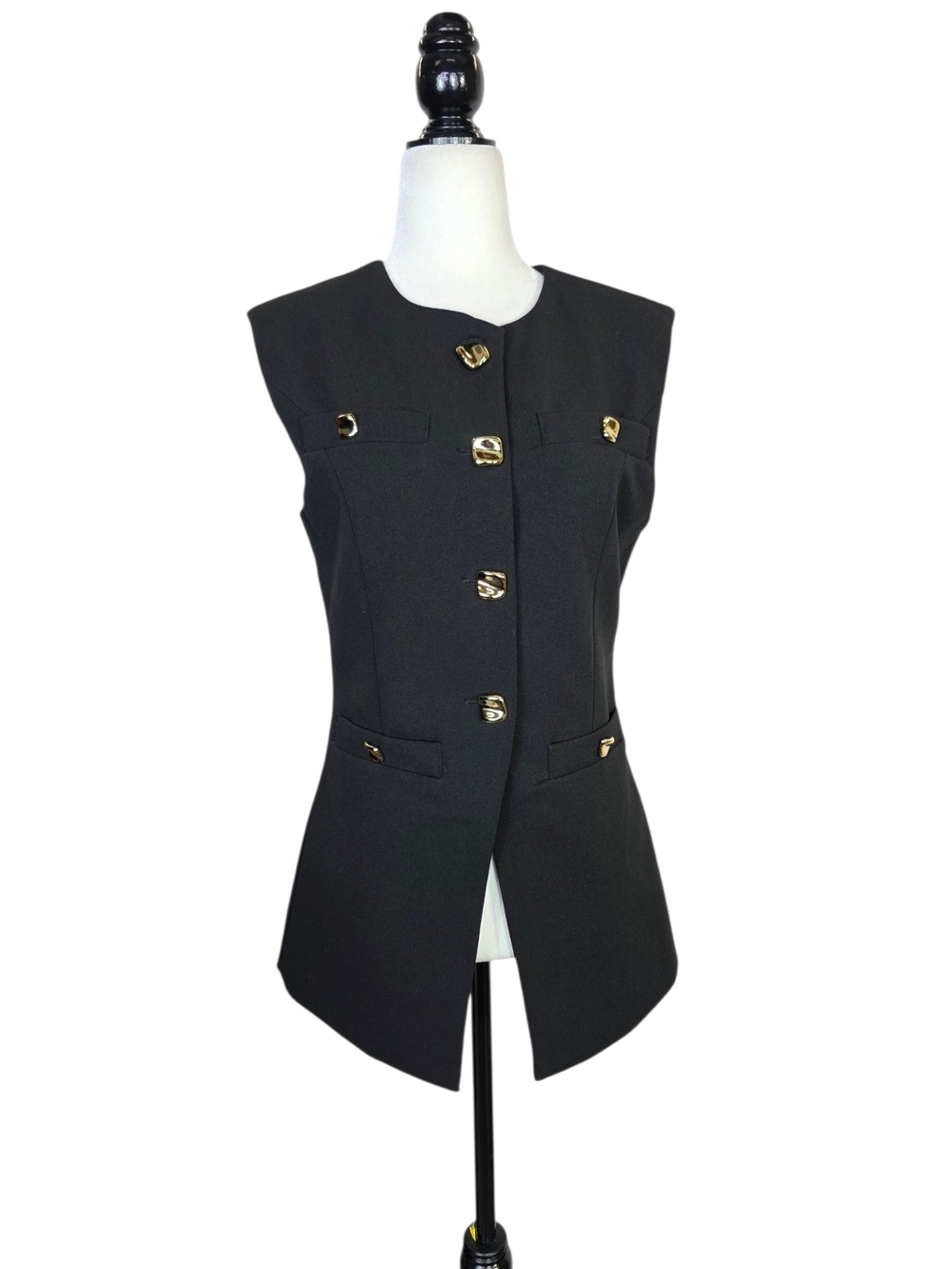 Endless Rose Black Tailored Sleeveless Vest with Gold-Tone Buttons
